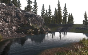 Озеро у камня в игре The Elder Scrolls V Skyrim