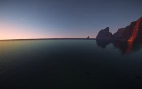 Лава стекает в море в игре Minecraft