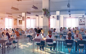 Пионеры в столовой в игре Бесконечное лето