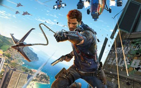 Герой игры Just Cause 3 стреляет гарпуном