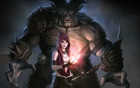 Колдунья с монстром в игре Dragon Age Origins