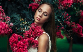 Девушка среди ветвей цветущего дерева