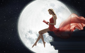 Девушка на фоне Луны читает книгу
