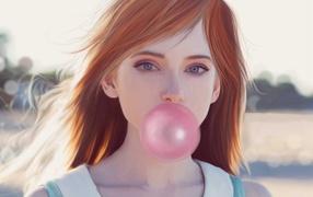 Рыжая девушка с розовой жевачкой