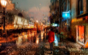 Девушка в красном пальто идет под дождем