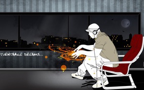 Диджей наушниках с воображаемым пультом