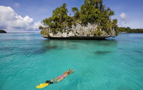Дайвер плывет к скале
