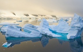 Fragments of blue ice in water