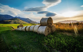 Тюки сена в поле, фото HDR