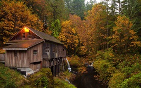 Деревянный дом над речушкой в лесу