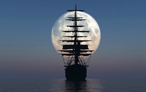 Силуэт парусника на фоне луны