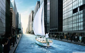 Яхта в канале среди города