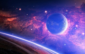 Голубая планета на фоне розовой галактики