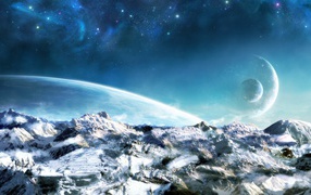 Ледяной мир на фоне чужих планет