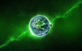 Наша планета на фоне зеленой туманности