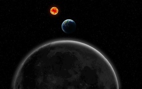 Луна, Земля и Солнце на фоне звезд