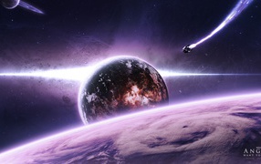 Корабль летит к планете в фиолетовом космосе