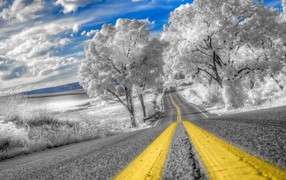 Очень красивая зимняя дорога среди покрытых инеем деревьев