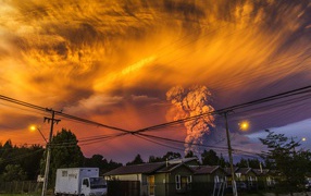 Orange cloud above the volcano Calbuco, Chile