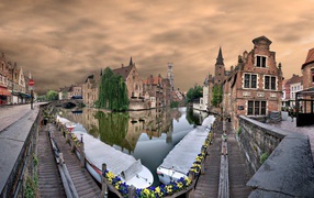 Panorama of waterfront in Bruges, Belgium