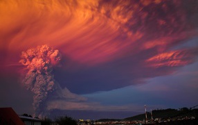 Red cloud over the volcano Calbuco, Chile