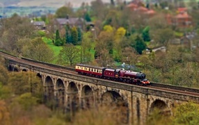 Steam locomotive with one carriage on the bridge