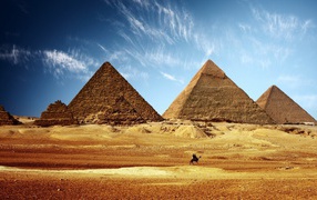 Одинокий верблюд на фоне пирамид