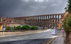The ancient Roman aqueduct in the city in Italy