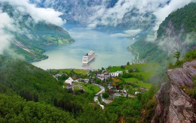 Cruise ship in the coastal village in Norway