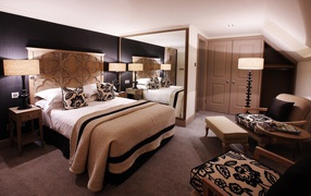 A hotel room in brown tones