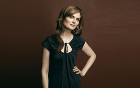 Актриса Эмили Дешанель на коричневом фоне