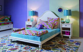 Blue bedroom with patterns