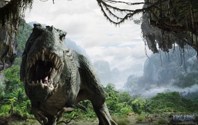Динозавр у входа в пещеру в тропиках
