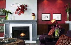 Гостиная с камином в красных тонах
