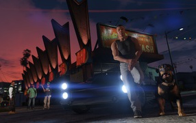 Парень с собакой у авто, игра Grand Theft Auto V