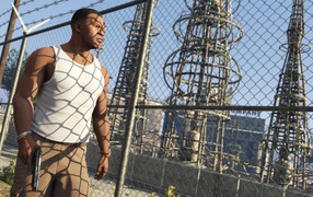 The hero of the game Grand Theft Auto V at the gate