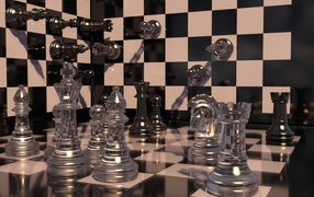 Шахматная доска с прозрачными шахматными фигурами 3д графика