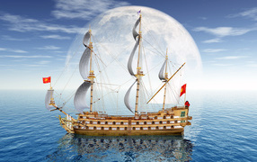 Большое парусное судно на фоне луны в море 3д графика