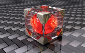 Красный шар в стеклянном кубе 3D графика 