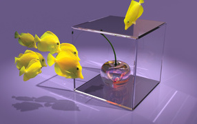 Желтые рыбки и вишня в стеклянном  кубе  3D графика 