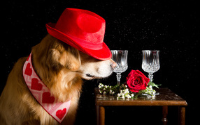 Золотистый ретривер в красной шляпе у стола