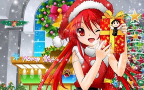 Девушка аниме с новогодним подарком