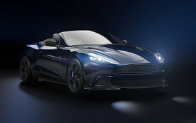 Синий автомобиль кабриолет Aston Martin Vanquish S Volante, 2018