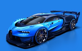 Синий спортивный автомобиль  Bugatti Vision Gran Turismo на синем фоне