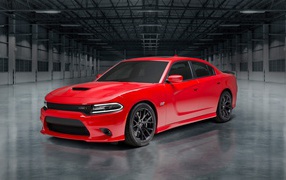 Red sports car Dodge Charger, 2018 in the garage