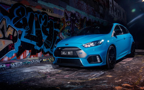 Blue car Ford Focus RS Limited Edition, 2018 on the background of graffiti