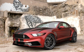 Burgundy car Ford Mustang against the wall with art