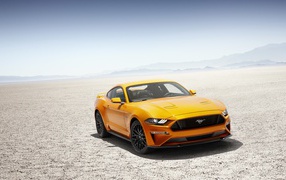 Оранжевый автомобиль Ford Mustang под палящим солнцем