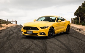 Спортивный желтый автомобиль Ford Mustang на трассе