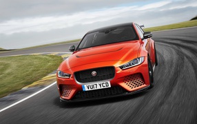 Red sports car Jaguar XE SV Project, 2018 on the track